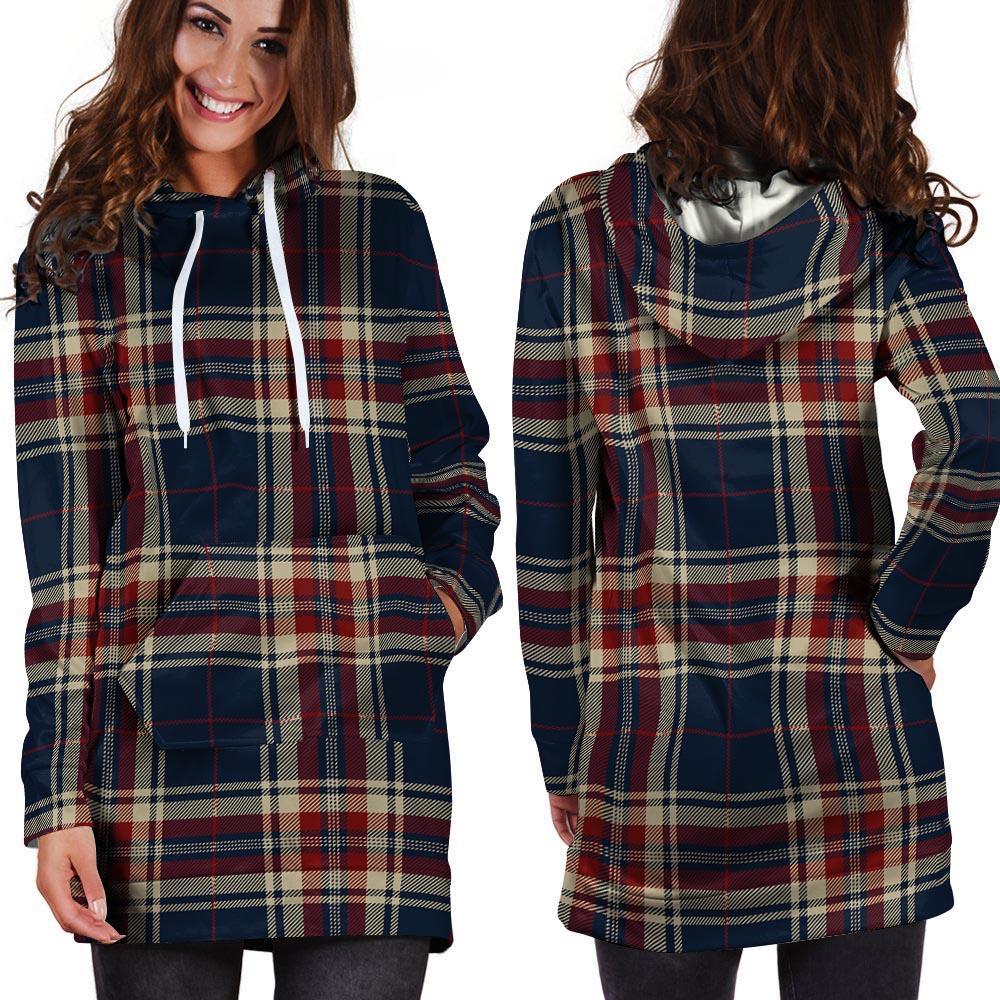 Beige Red And Blue Plaid Tartan Hoodie Dress-grizzshop