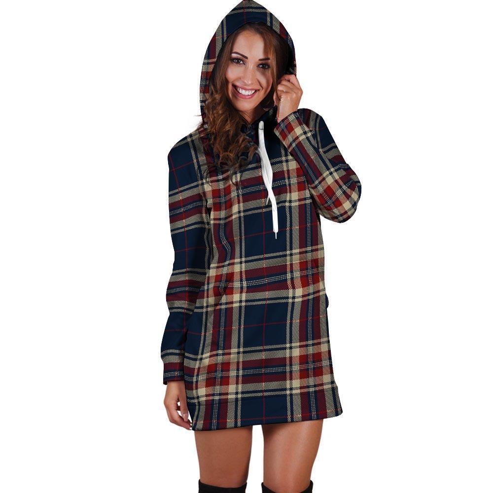 Beige Red And Blue Plaid Tartan Hoodie Dress-grizzshop