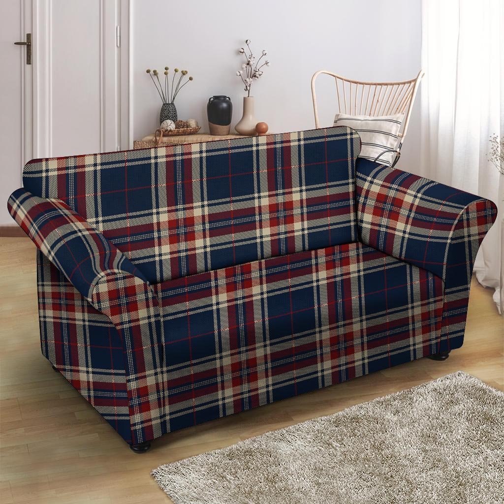 Beige Red And Blue Plaid Tartan Loveseat Cover-grizzshop