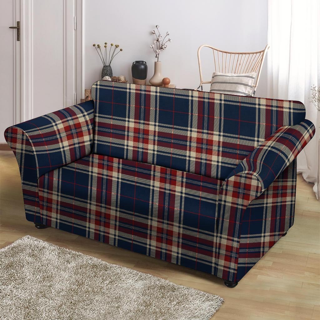 Beige Red And Blue Plaid Tartan Loveseat Cover-grizzshop