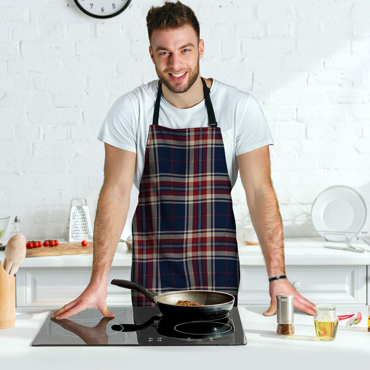 Beige Red And Blue Plaid Tartan Men's Apron-grizzshop