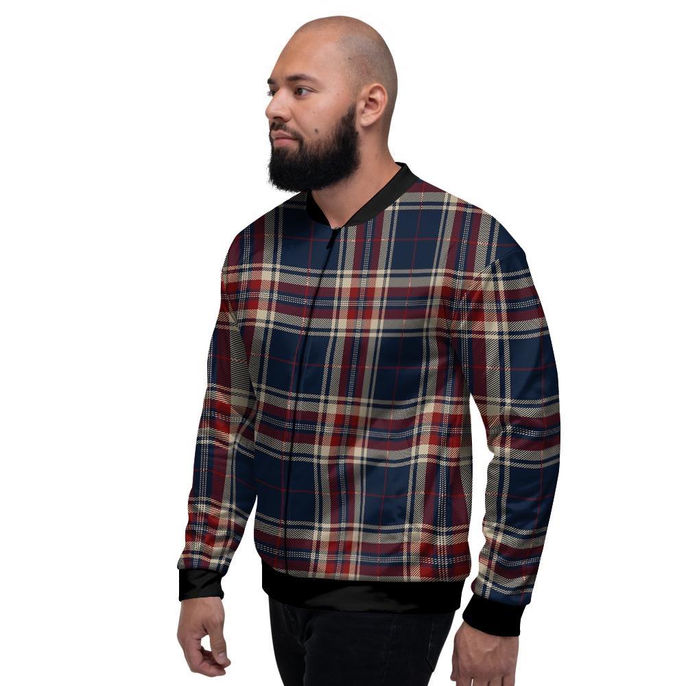 Beige Red And Blue Plaid Tartan Men's Bomber Jacket-grizzshop