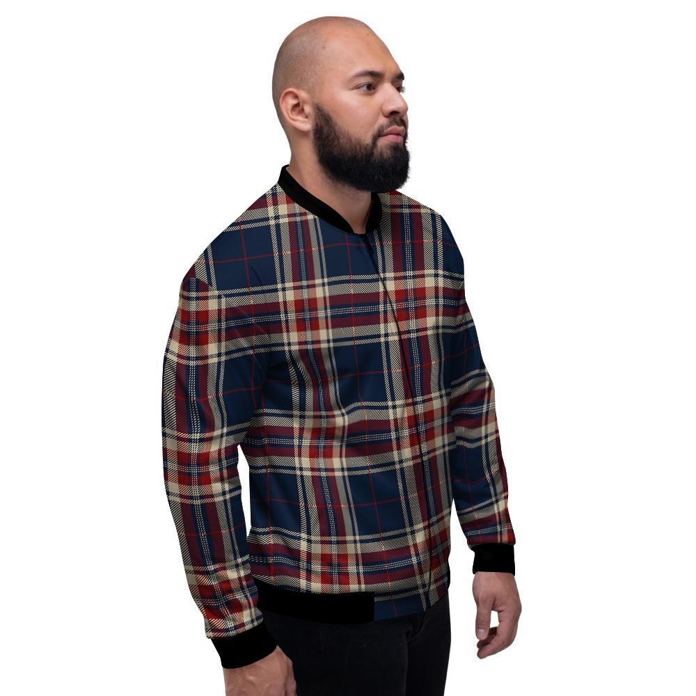 Beige Red And Blue Plaid Tartan Men's Bomber Jacket-grizzshop