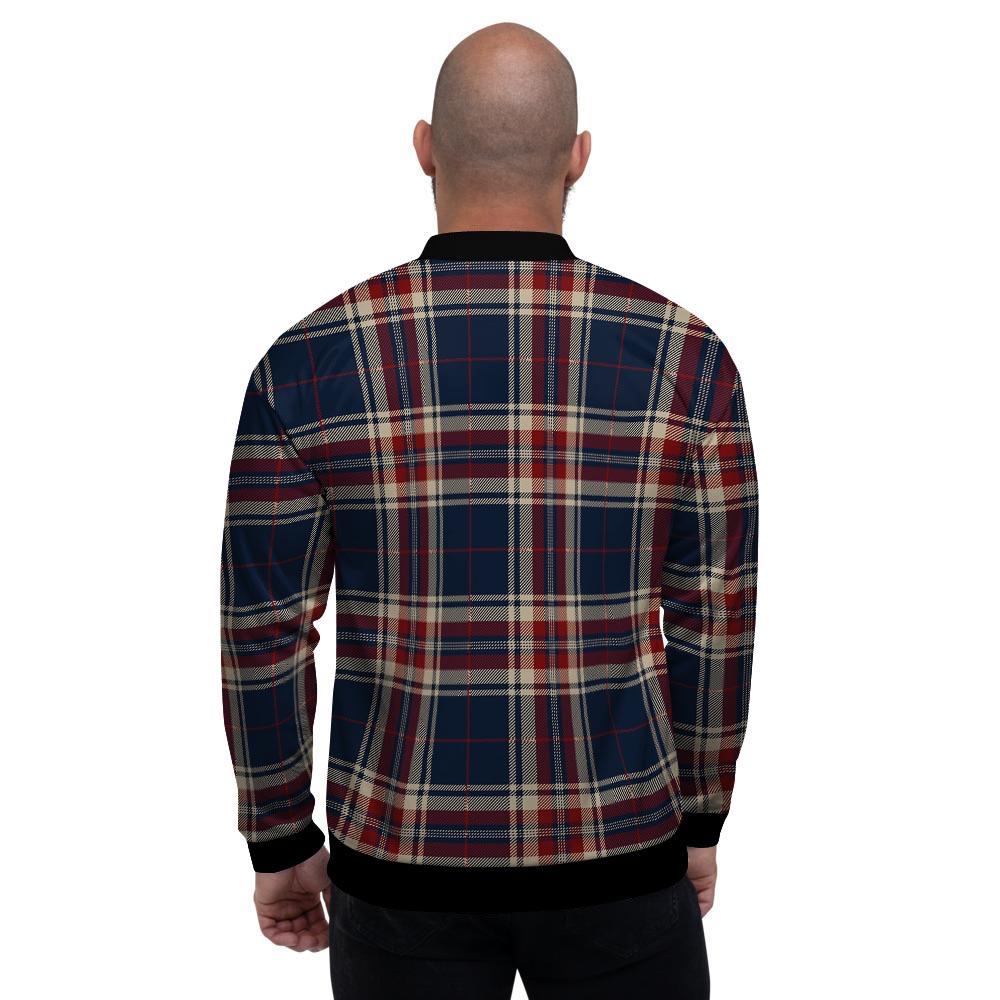 Beige Red And Blue Plaid Tartan Men's Bomber Jacket-grizzshop