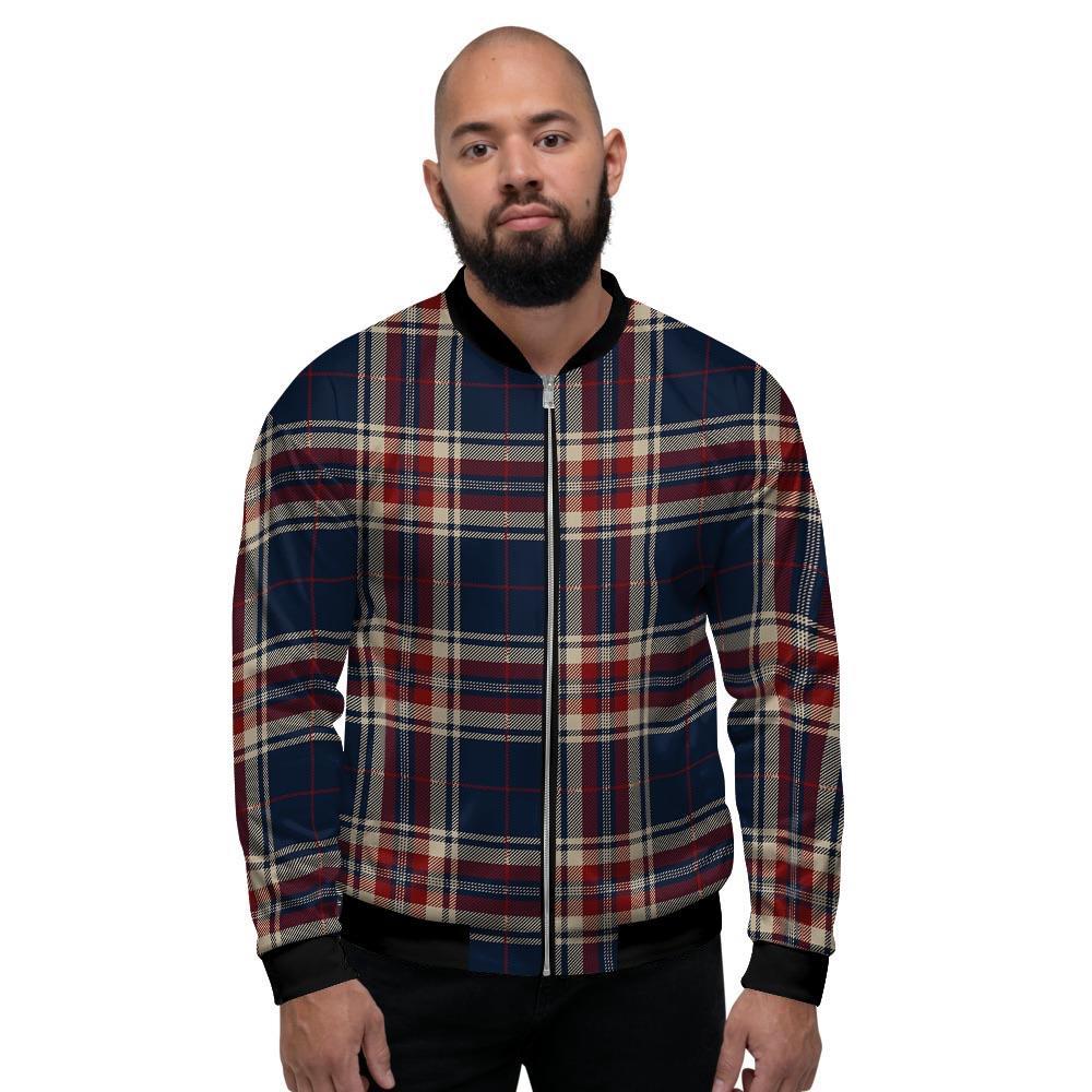 Beige Red And Blue Plaid Tartan Men's Bomber Jacket-grizzshop