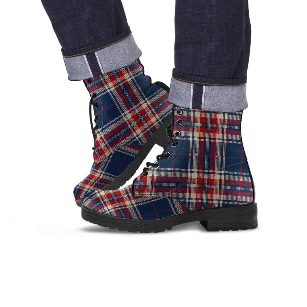 Beige Red And Blue Plaid Tartan Men's Boots-grizzshop