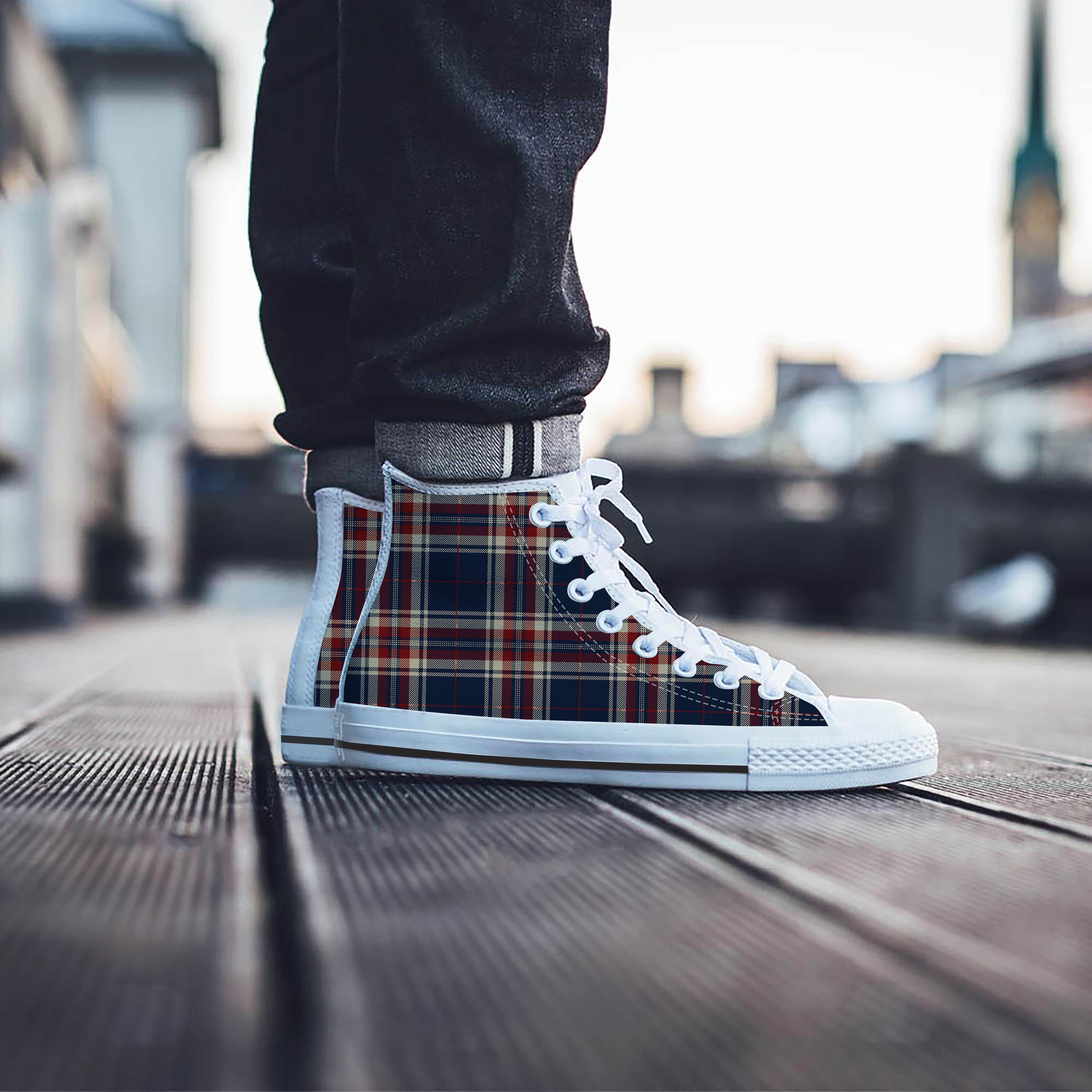 Beige Red And Blue Plaid Tartan Men's High Top Shoes-grizzshop