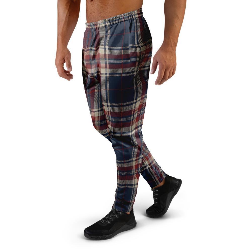 Beige Red And Blue Plaid Tartan Men's Joggers-grizzshop