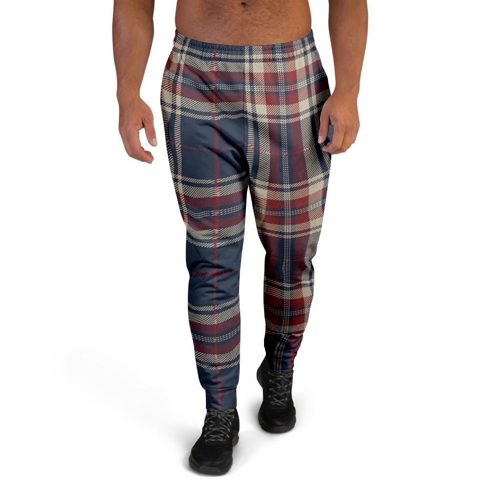 Beige Red And Blue Plaid Tartan Men's Joggers-grizzshop