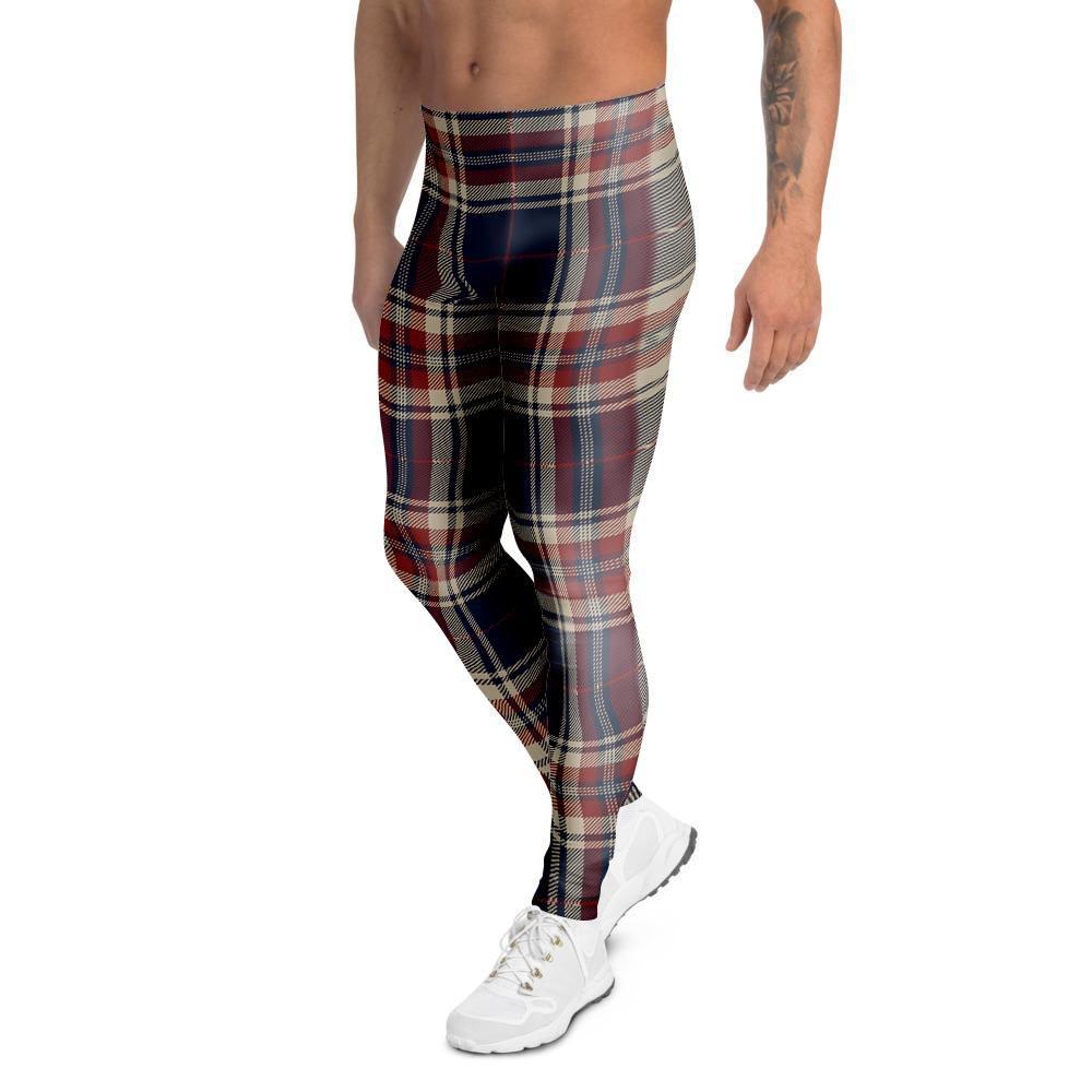 Beige Red And Blue Plaid Tartan Men's Leggings-grizzshop