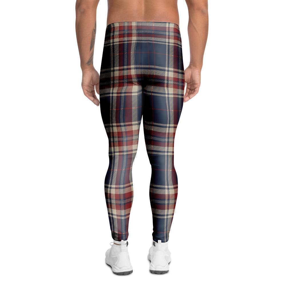 Beige Red And Blue Plaid Tartan Men's Leggings-grizzshop