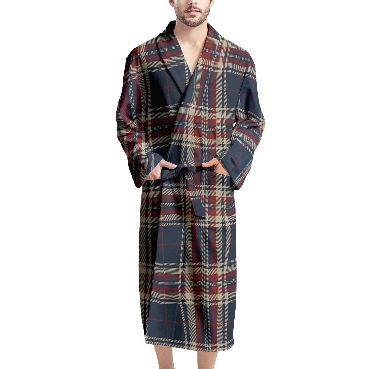 Beige Red And Blue Plaid Tartan Men's Robe-grizzshop