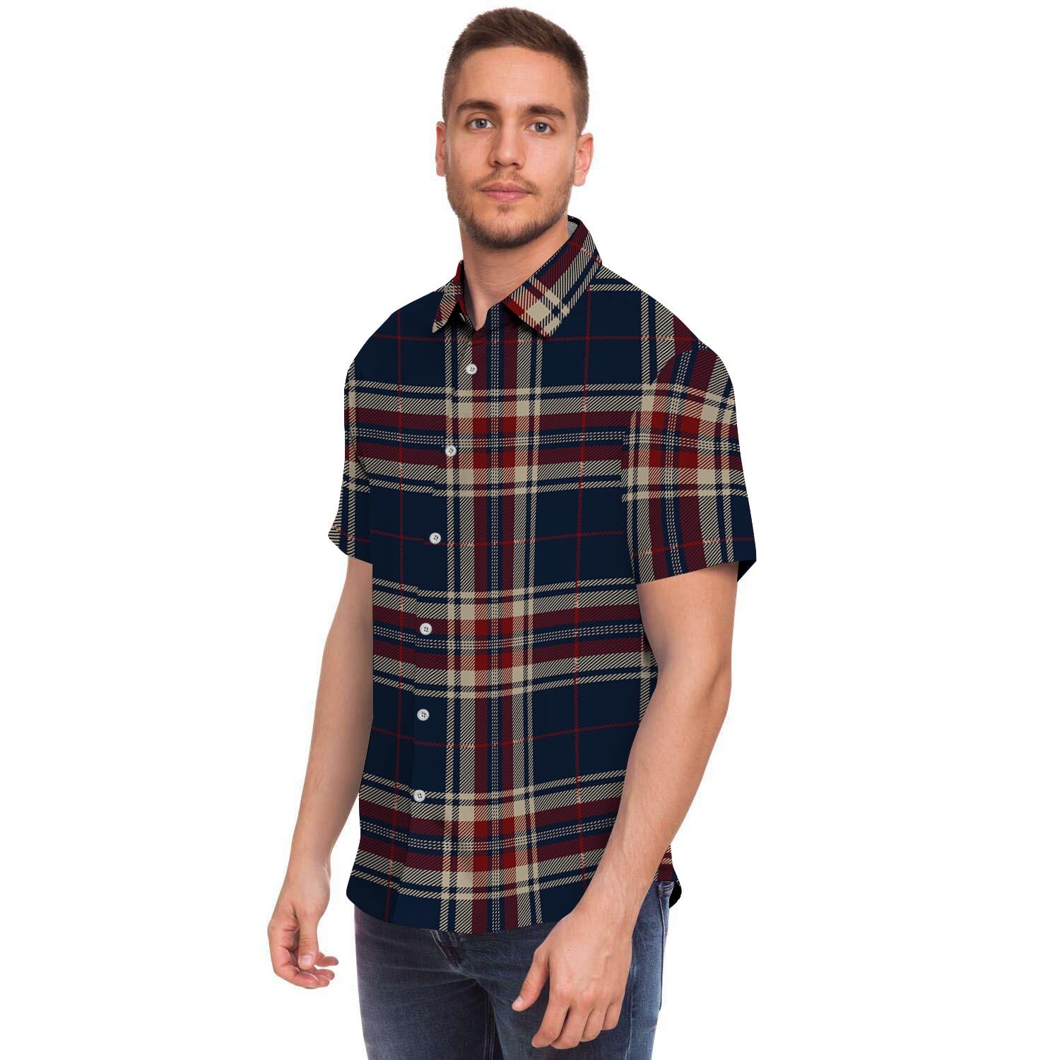 Beige Red And Blue Plaid Tartan Men's Short Sleeve Shirt-grizzshop
