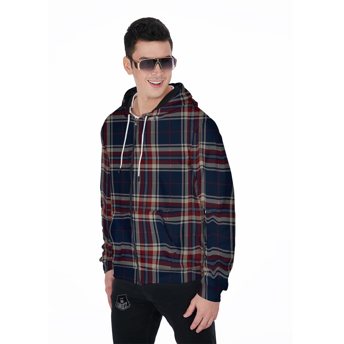 Beige Red And Blue Plaid Tartan Men's Zip Up Hoodie-grizzshop