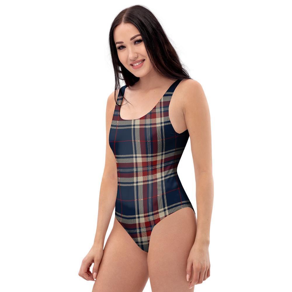 Beige Red And Blue Plaid Tartan One Piece Swimsuite-grizzshop