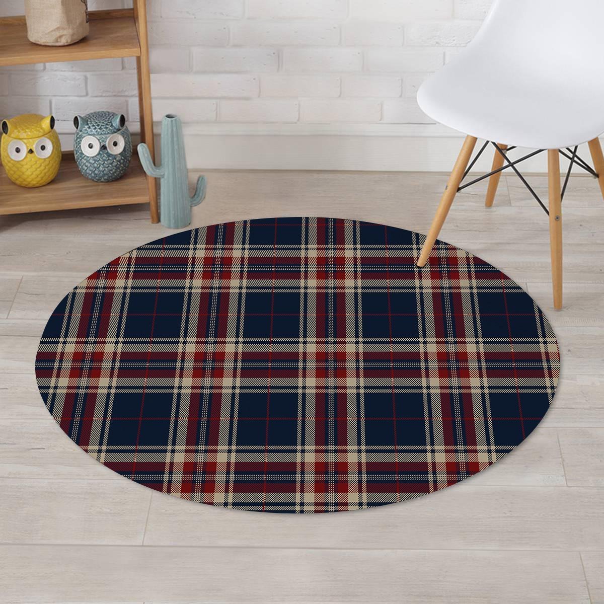 Beige Red And Blue Plaid Tartan Round Rug-grizzshop