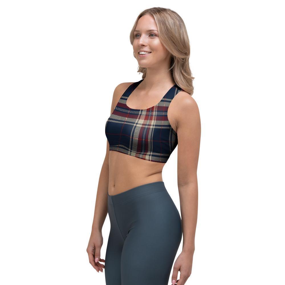 Beige Red And Blue Plaid Tartan Sports Bra-grizzshop