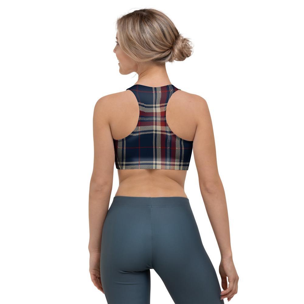 Beige Red And Blue Plaid Tartan Sports Bra-grizzshop