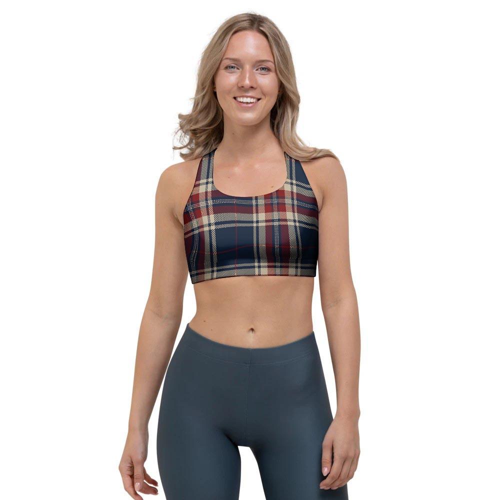 Beige Red And Blue Plaid Tartan Sports Bra-grizzshop