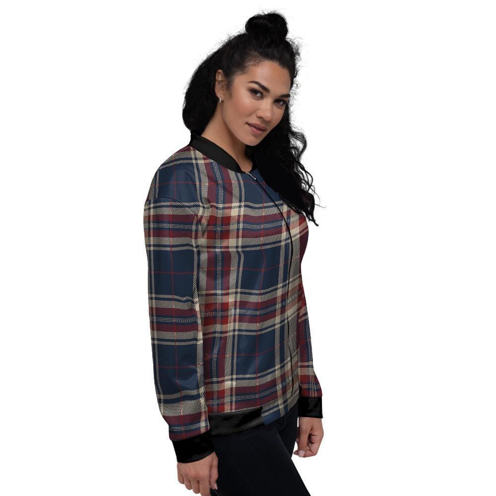 Beige Red And Blue Plaid Tartan Women's Bomber Jacket-grizzshop