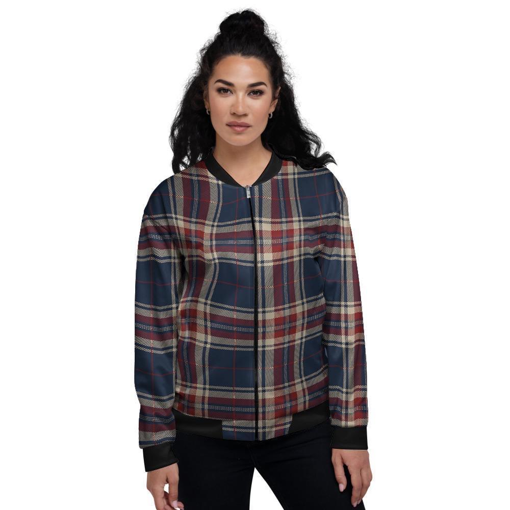 Beige Red And Blue Plaid Tartan Women's Bomber Jacket-grizzshop