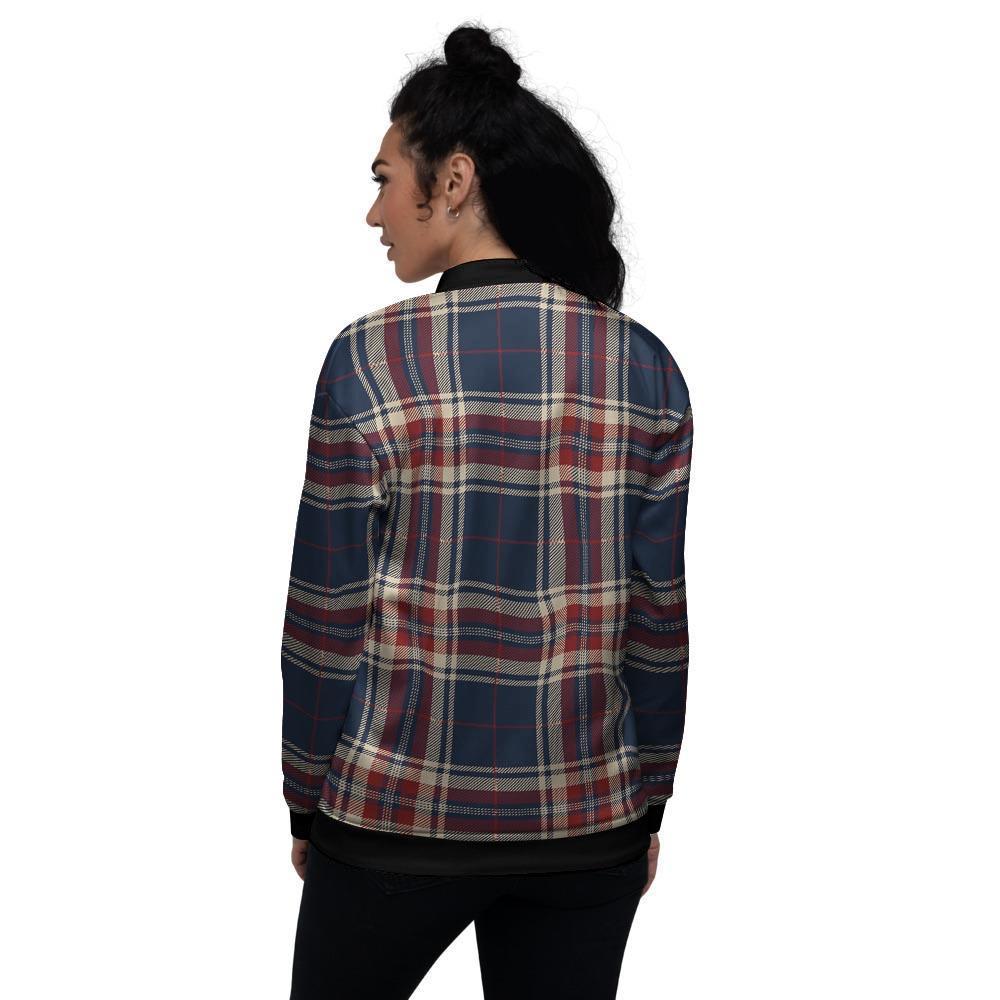 Beige Red And Blue Plaid Tartan Women's Bomber Jacket-grizzshop