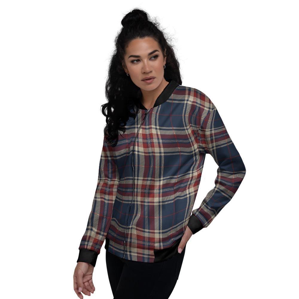 Beige Red And Blue Plaid Tartan Women's Bomber Jacket-grizzshop