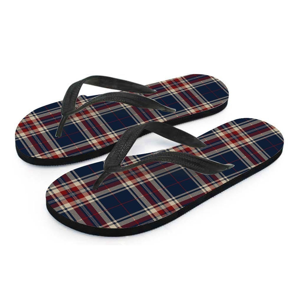 Beige Red And Blue Plaid Tartan Women's Flip Flops-grizzshop