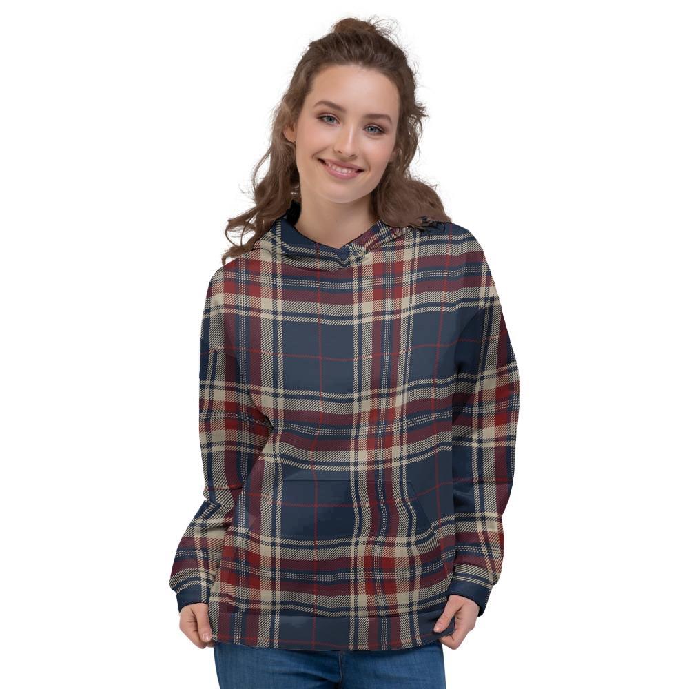 Beige Red And Blue Plaid Tartan Women's Hoodie-grizzshop