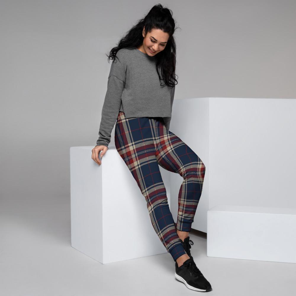 Beige Red And Blue Plaid Tartan Women's Joggers-grizzshop