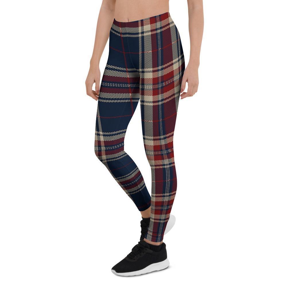 Beige Red And Blue Plaid Tartan Women's Leggings-grizzshop