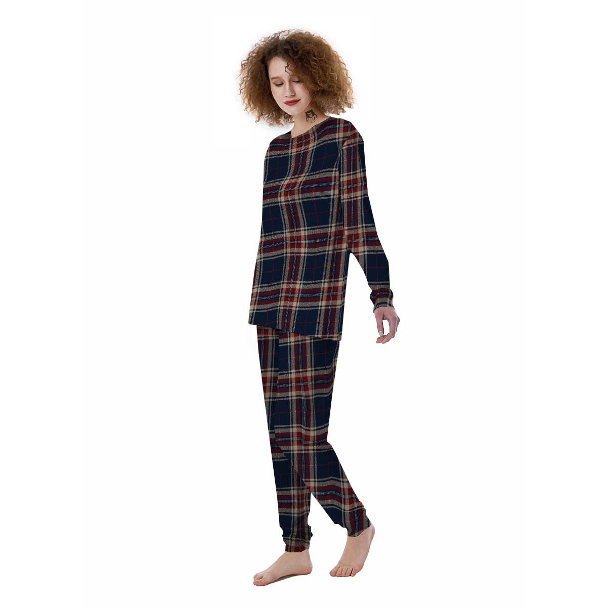 Beige Red And Blue Plaid Tartan Women's Pajamas-grizzshop