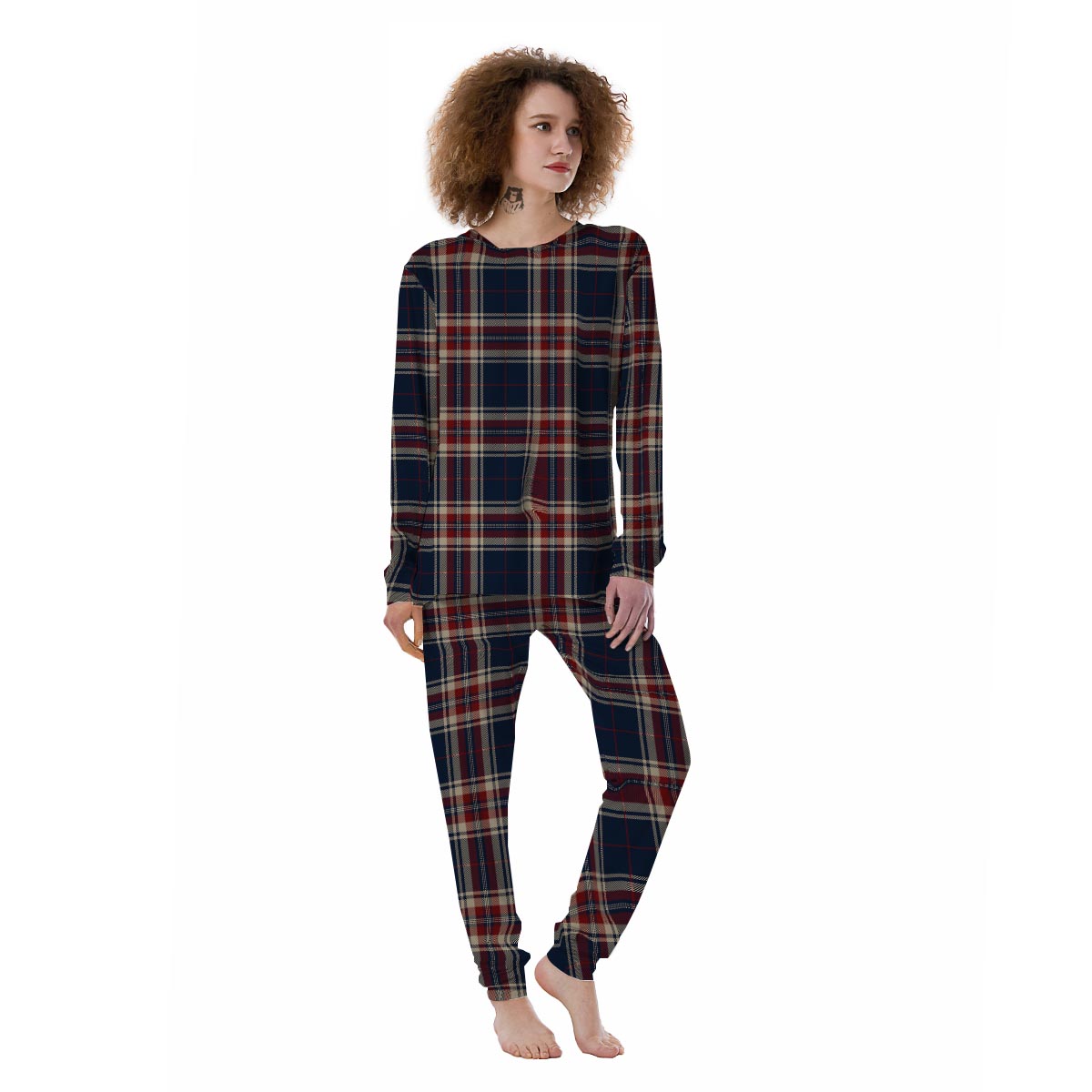 Beige Red And Blue Plaid Tartan Women's Pajamas-grizzshop