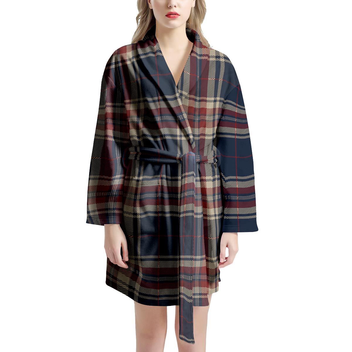 Beige Red And Blue Plaid Tartan Women's Robe-grizzshop