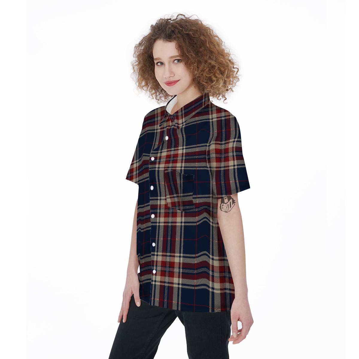 Beige Red And Blue Plaid Tartan Women's Short Sleeve Shirts-grizzshop