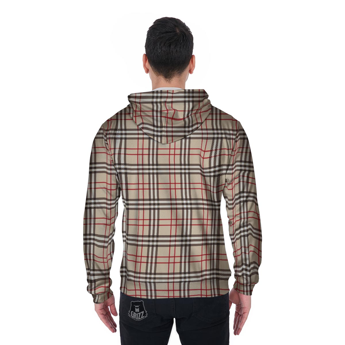 Beige Plaid Tartan Men's Zip Up Hoodie-grizzshop