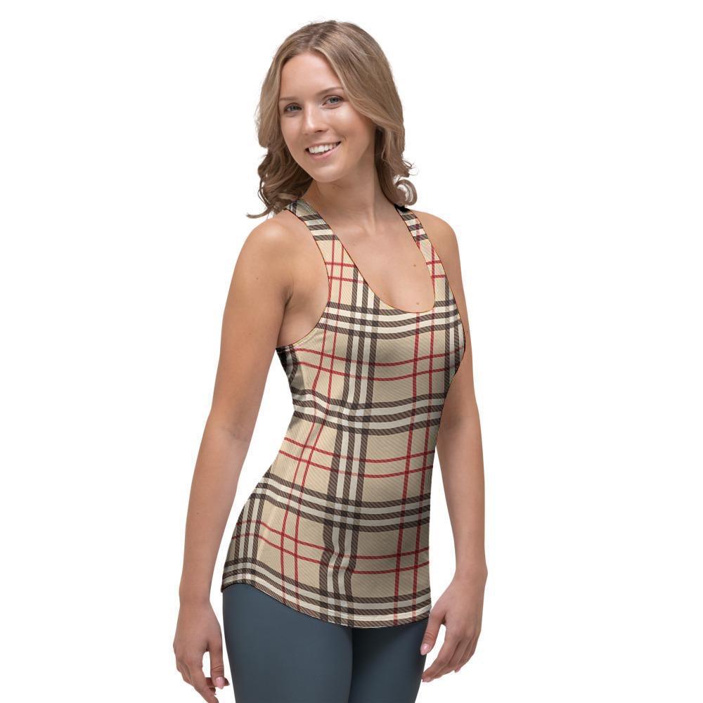 Beige Plaid Tartan Women's Racerback Tank Top-grizzshop