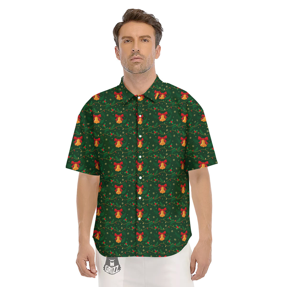 Bell Cute Christmas Print Pattern Men's Short Sleeve Shirts-grizzshop