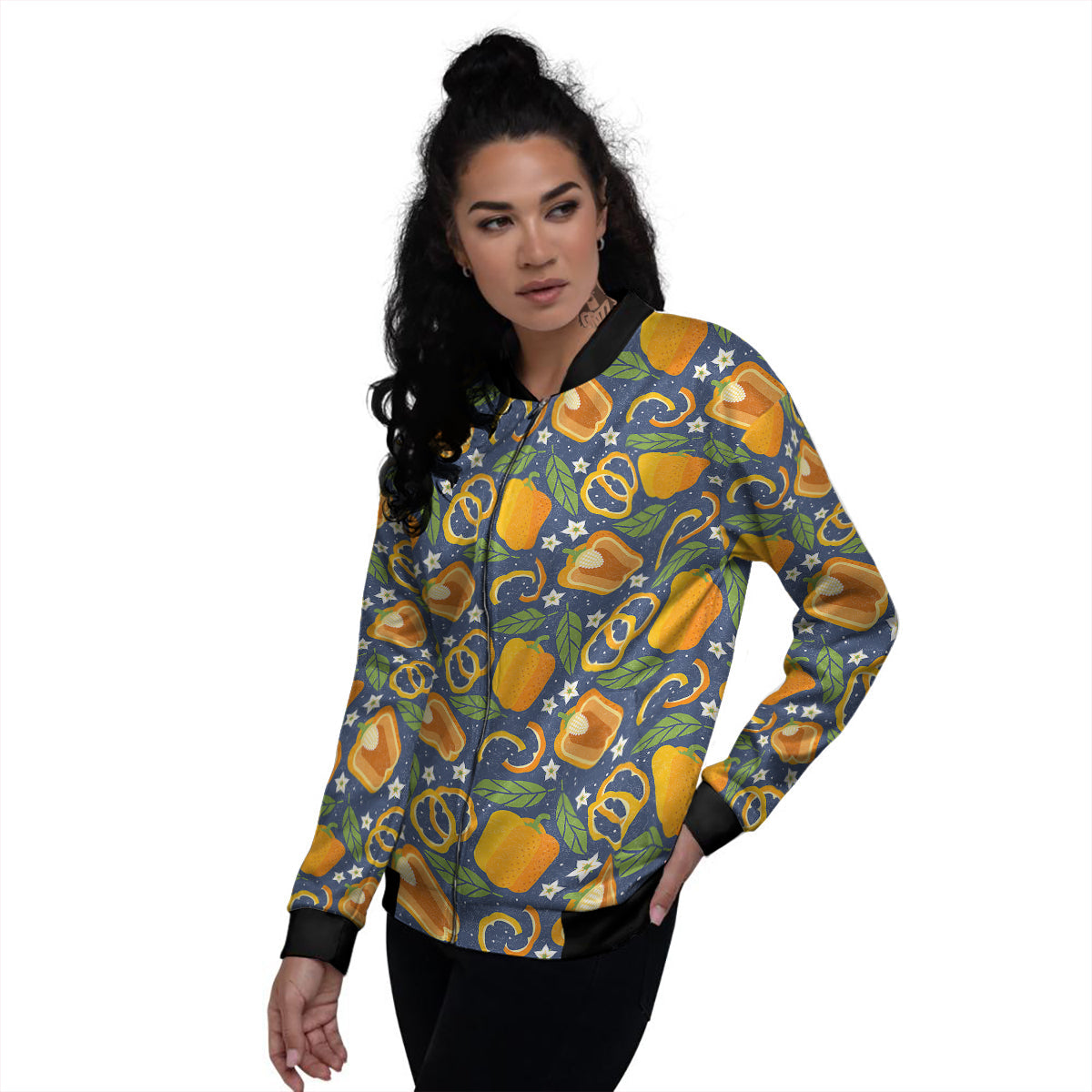Bell Pepper Leaf Print Pattern Women's Bomber Jacket-grizzshop