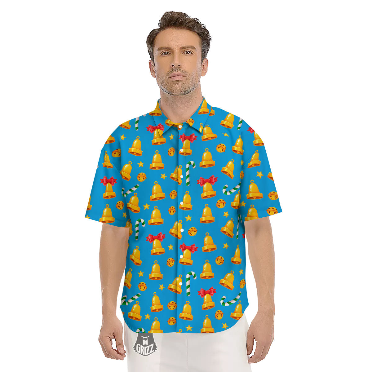 Bells Merry Christmas Print Pattern Men's Short Sleeve Shirts-grizzshop