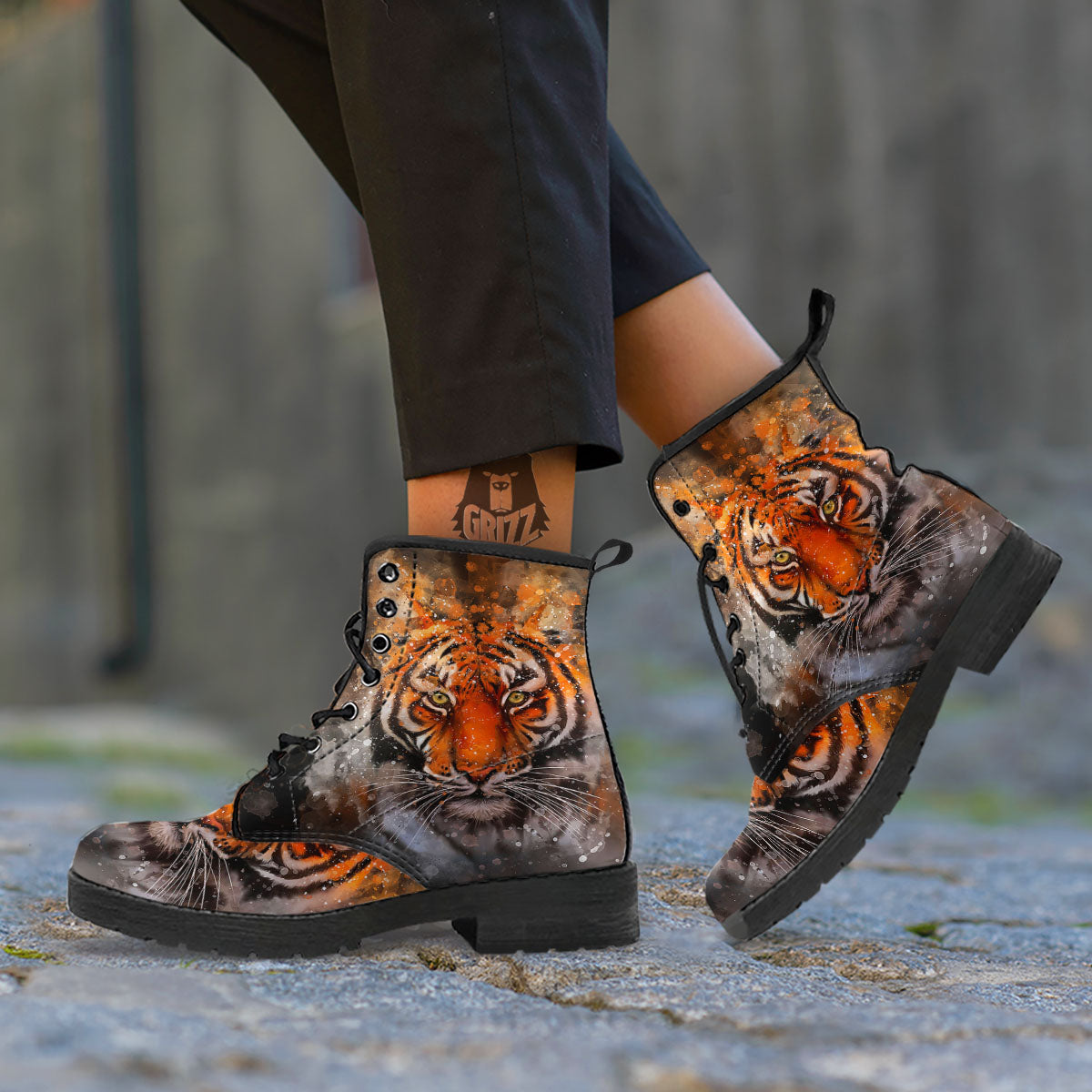 Bengal Tiger Watercolor Print Leather Boots-grizzshop