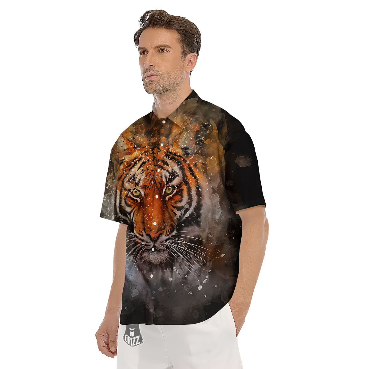Bengal Tiger Watercolor Print Men's Short Sleeve Shirts-grizzshop