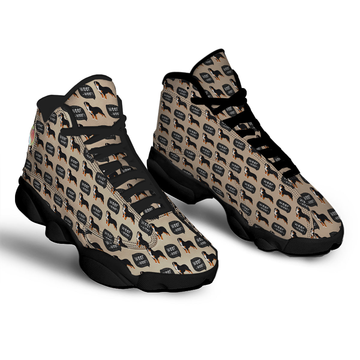 Bernese Brown Woof Woof Print Pattern Black Basketball Shoes-grizzshop