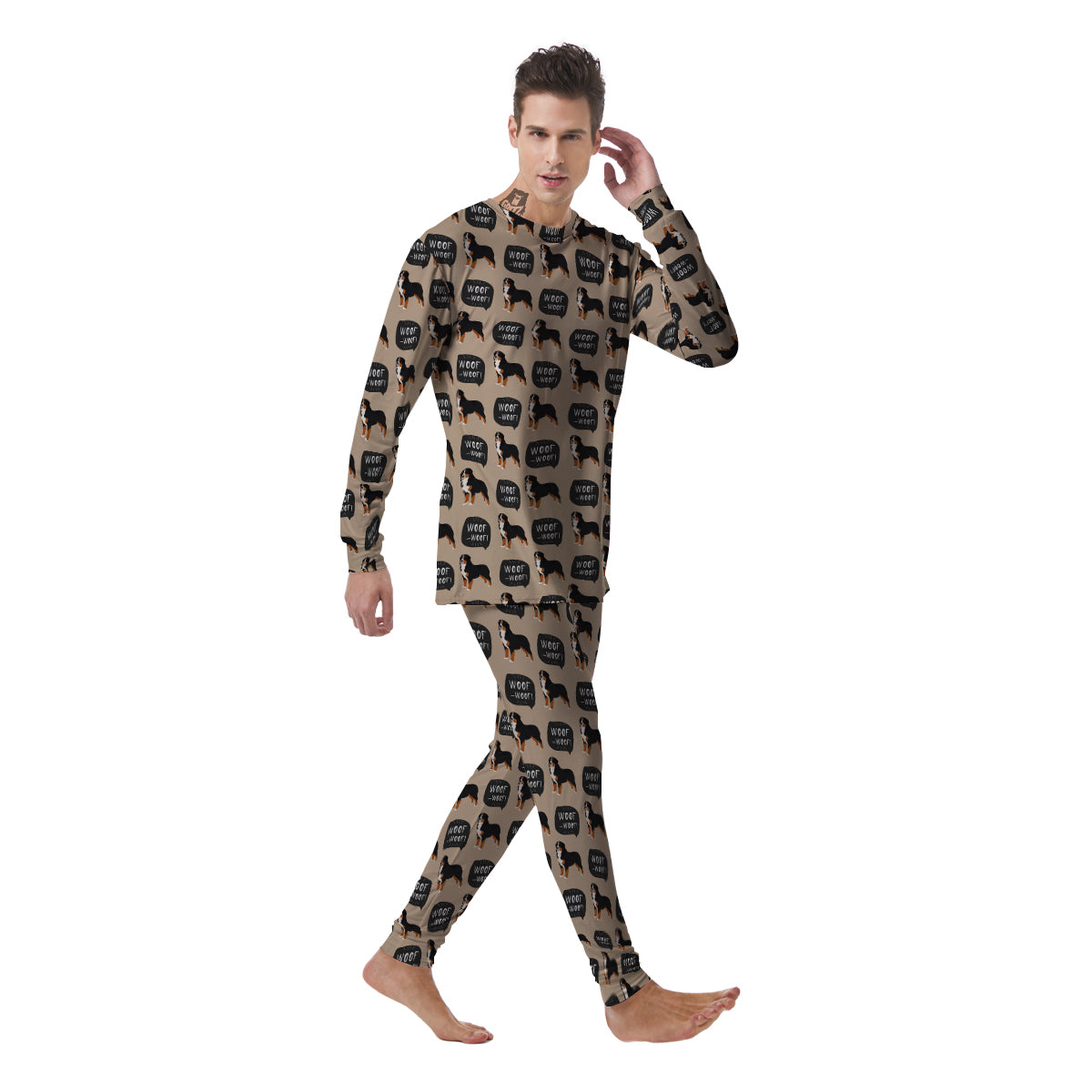 Bernese Brown Woof Woof Print Pattern Men's Pajamas-grizzshop