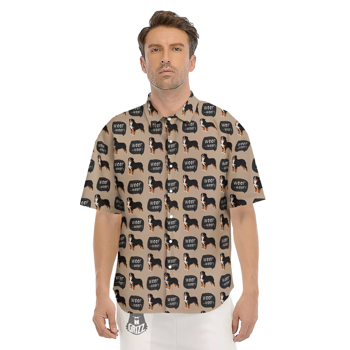 Bernese Brown Woof Woof Print Pattern Men's Short Sleeve Shirts-grizzshop