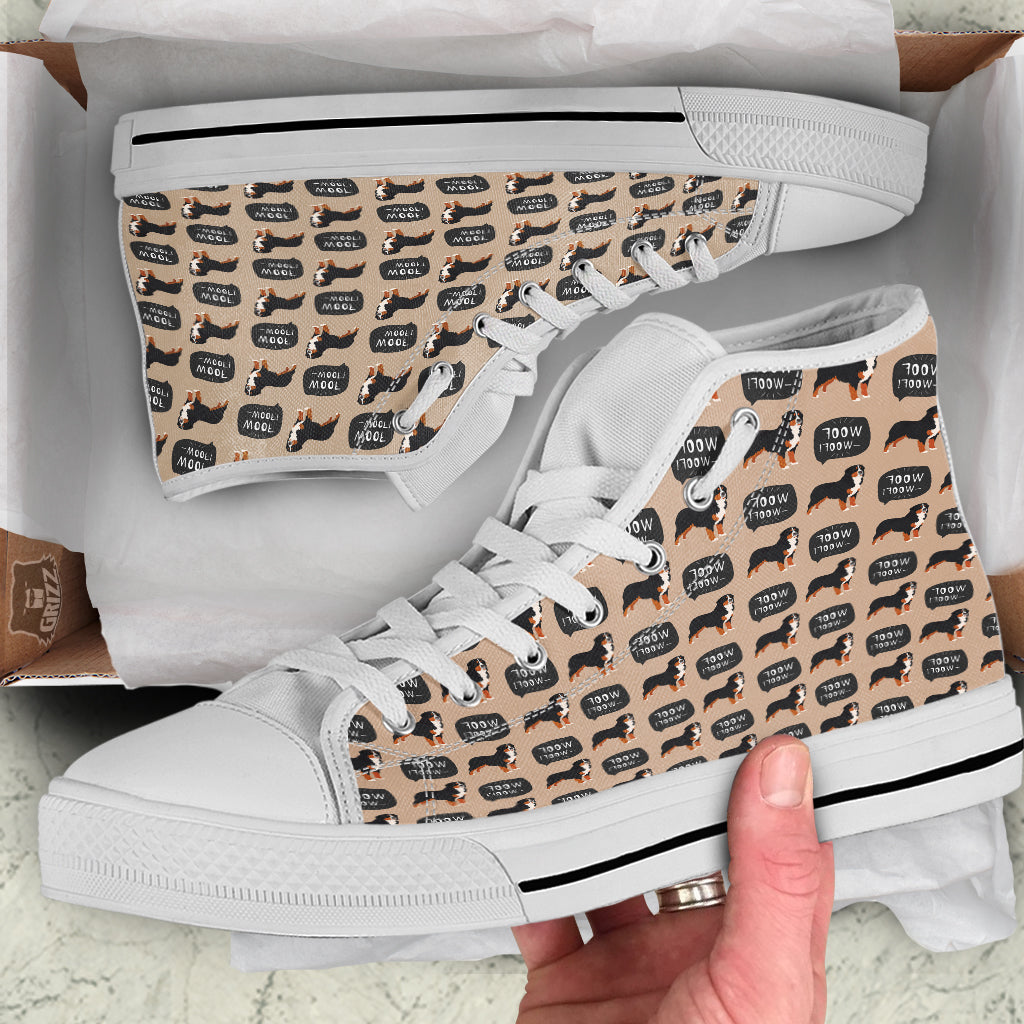 Bernese Brown Woof Woof Print Pattern White High Top Shoes-grizzshop