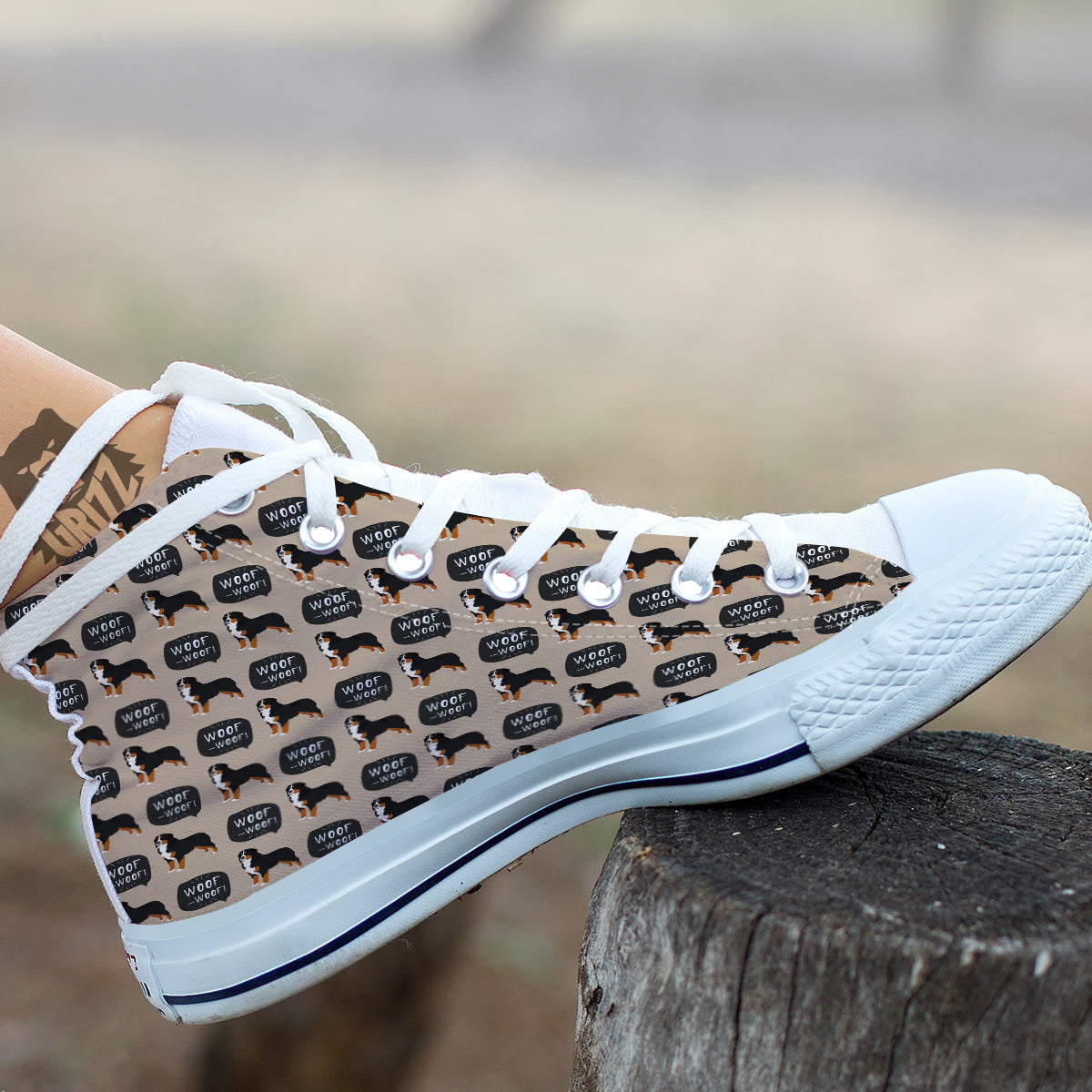 Bernese Brown Woof Woof Print Pattern White High Top Shoes-grizzshop