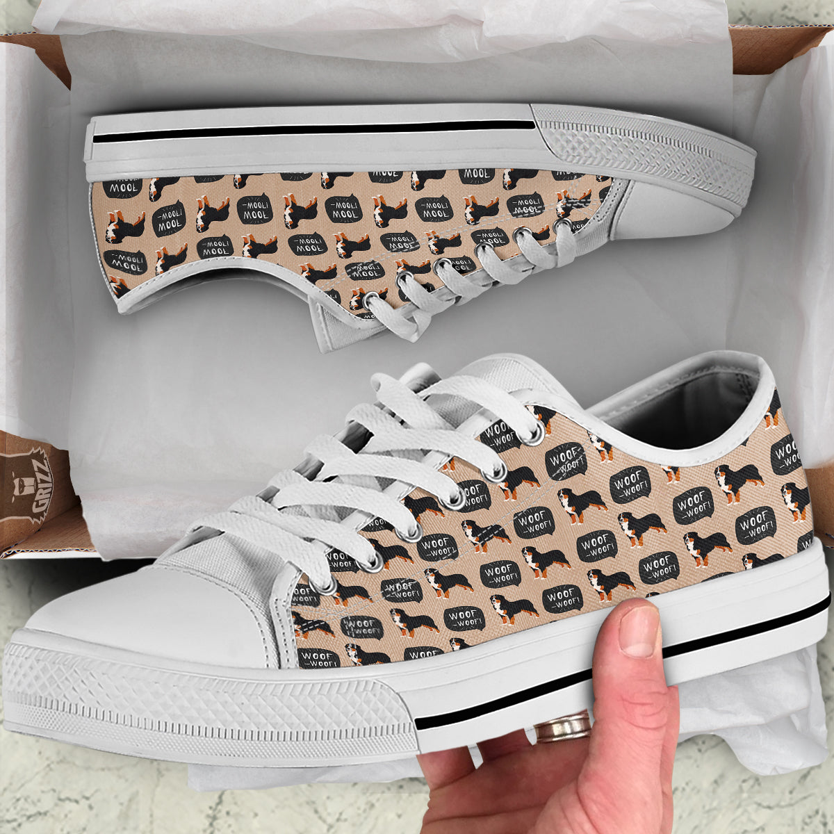 Bernese Brown Woof Woof Print Pattern White Low Top Shoes-grizzshop
