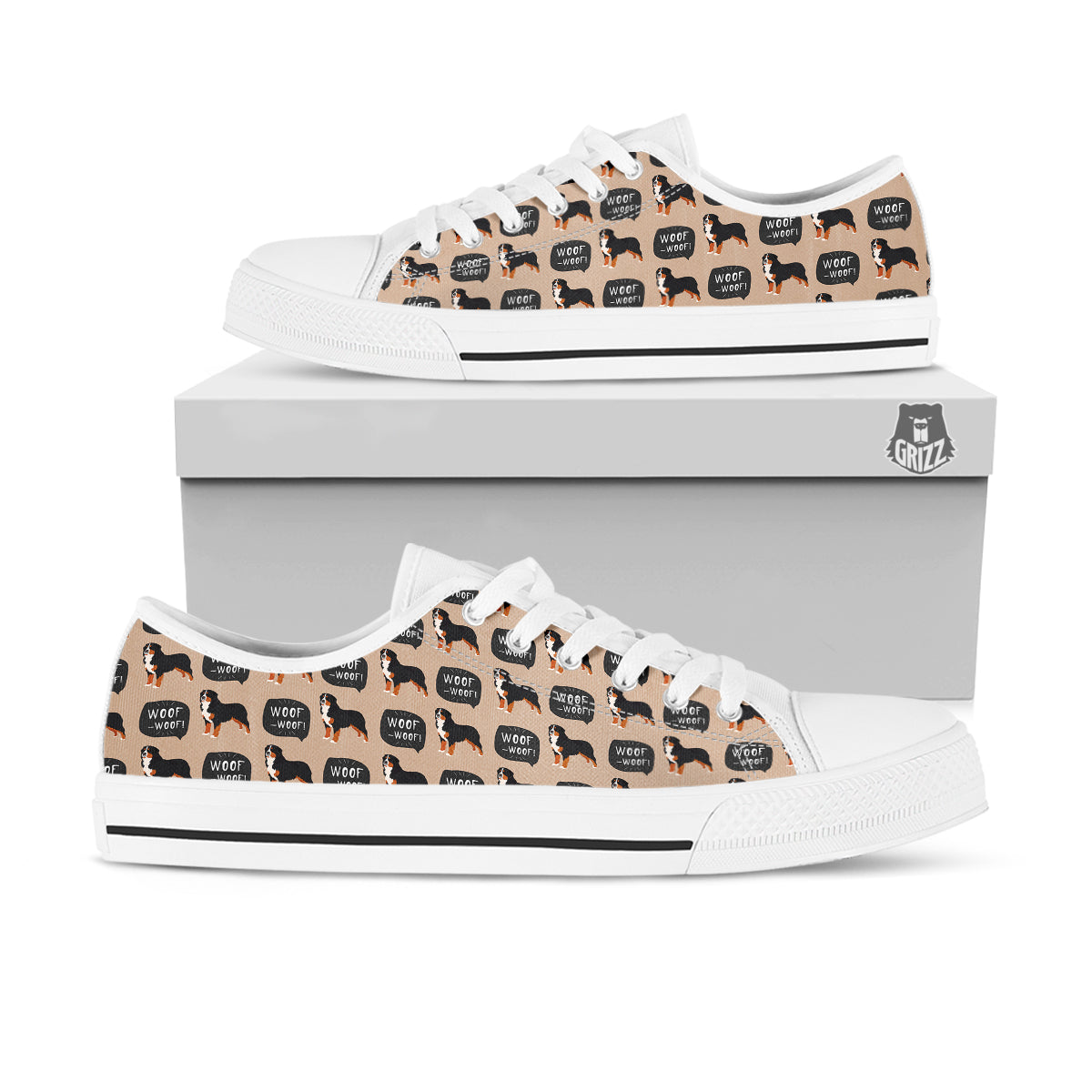 Bernese Brown Woof Woof Print Pattern White Low Top Shoes-grizzshop