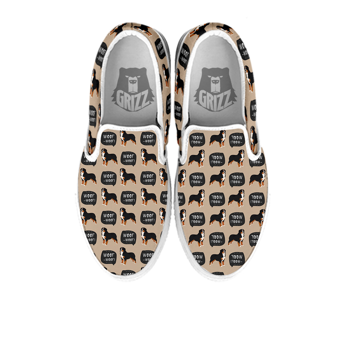 Bernese Brown Woof Woof Print Pattern White Slip On Shoes-grizzshop